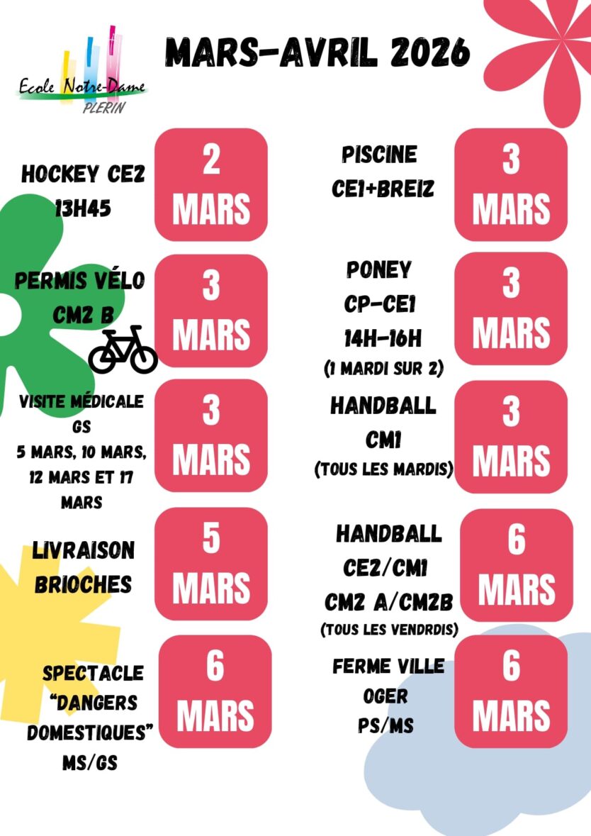 AGENDA MARS- AVRIL 2026
