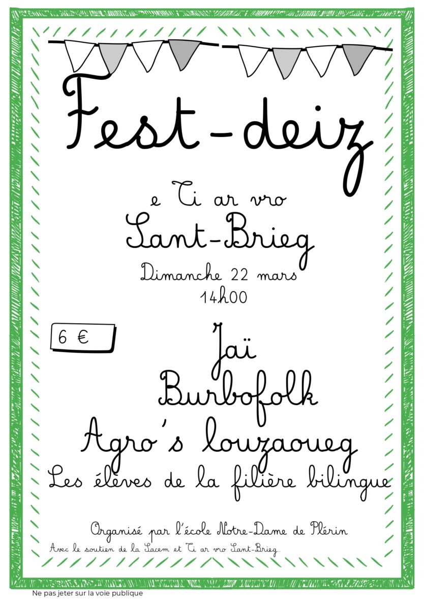 Fest-deiz de la filière bilingue dimanche  22 mars au ti ar vro de Saint-Brieuc